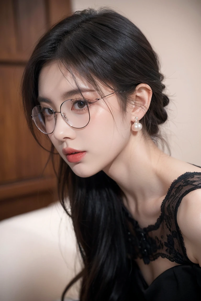 beautiful woman looking down at her phone, closeup side profile of woman's face, woman in black dress with off-the-shoulder sleeves, pearl earrings and necklace, wearing glasses, intense and longing gaze, high-quality realistic portrait photograph, natural skin tones, soft lighting, shallow depth of field, photorealistic, 8k, hyper-detailed, intricate details