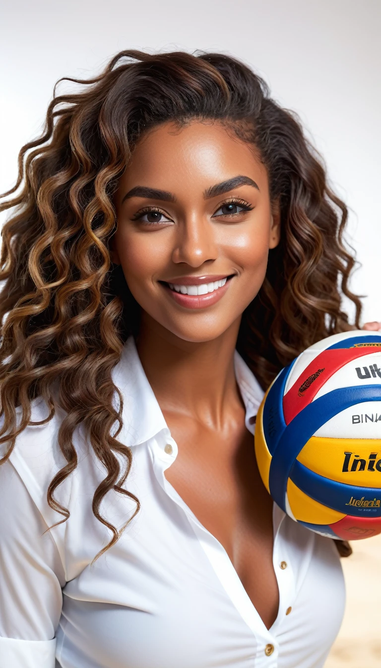 (best quality,4k,highres, highres face details), Bina, African American 30-year-old, with long brown curly hair, wearing a white buttoned-up shirt, Instagram model, playing volleyball with other Instagram models with a beautiful smile