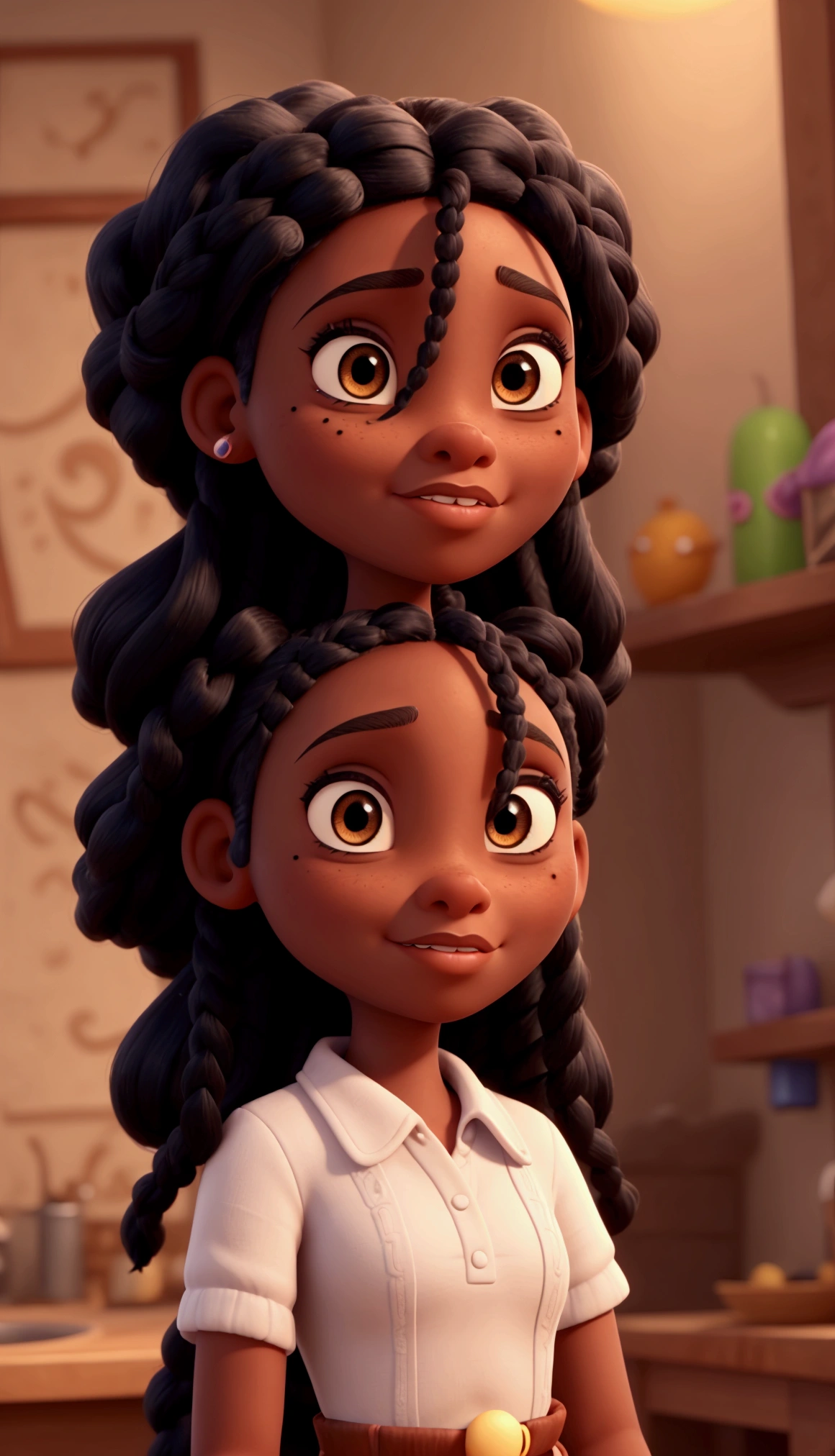 black female, disney pixar style, realistic 3D, hair with thin braids glued to the scalp, eyes black, small mole in the middle of the forehead
