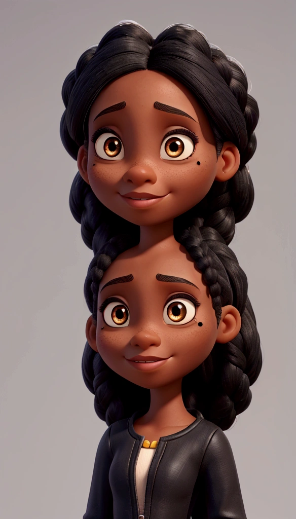 black female, disney pixar style, realistic 3D, hair with thin braids glued to the scalp, eyes black, small mole in the middle of the forehead