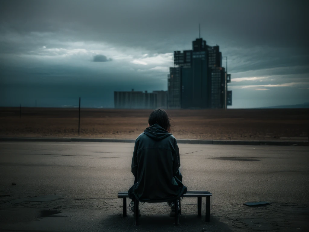 Generate a unique, never-before-seen surrealistic image that embodies the themes of sadness, melancholy, solitude, and depression. Picture a vast, barren landscape under a dark, overcast sky with heavy, foreboding clouds. The colors should be desaturated, with tones of grey, blue, and muted earth tones dominating the scene. In the center, place a solitary figure, draped in tattered clothing, sitting on an old, crumbling bench. This figure should appear to be fading into the background, almost ghostly, symbolizing a sense of disappearance and hopelessness.
Surround this figure with surreal elements such as floating, broken clocks to signify the distorted sense of time, wilted flowers that defy gravity, and fragmented mirrors that reflect a distorted, sorrowful visage. In the distance, add shadowy, faceless silhouettes that evoke a sense of being watched yet isolated, enhancing the feeling of paranoia and detachment. Ensure the overall atmosphere is heavy and oppressive, with intricate details that draw the viewer into a hauntingly beautiful yet deeply emotional and introspective world.