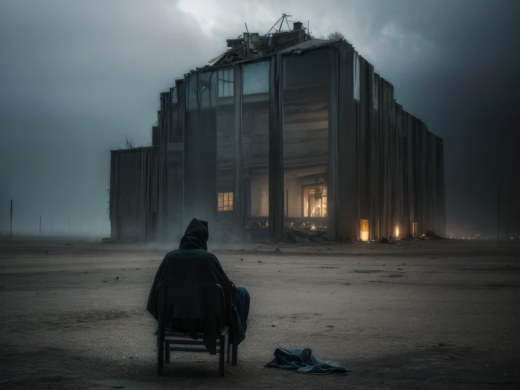 Generate a unique, never-before-seen surrealistic image that embodies the themes of sadness, melancholy, solitude, and depression. Picture a vast, barren landscape under a dark, overcast sky with heavy, foreboding clouds. The colors should be desaturated, with tones of grey, blue, and muted earth tones dominating the scene. In the center, place a solitary figure, draped in tattered clothing, sitting on an old, crumbling bench. This figure should appear to be fading into the background, almost ghostly, symbolizing a sense of disappearance and hopelessness.

Surround this figure with surreal elements such as floating, broken clocks to signify the distorted sense of time, wilted flowers that defy gravity, and fragmented mirrors that reflect a distorted, sorrowful visage. In the distance, add shadowy, faceless silhouettes that evoke a sense of being watched yet isolated, enhancing the feeling of paranoia and detachment. Ensure the overall atmosphere is heavy and oppressive, with intricate details that draw the viewer into a hauntingly beautiful yet deeply emotional and introspective world.