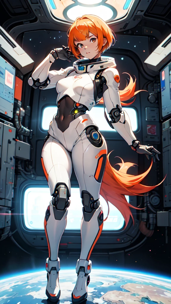 anime girl with orange hair and white outfit posing for a picture, leeloo outfit, female protagonist 👀 :8, leeloo, cute cyborg girl, perfect android girl, portrait anime space cadet girl, full body portrait of a short!, anime style character, android heroine, official character art, fully robotic!! girl, female protagonist, biomechanical oppai