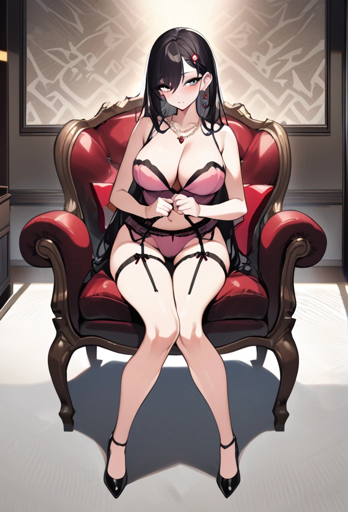 Fancy pink underwear Soapland Seductive look Sexy Body Clear Eyes slightly round eyes Sit on a plush chair office lady Japanese women Manga illustration Beautiful E Cup Breasts the body is slim Highest quality 4K Straight Hair Reddish black hair hair ornaments necklace Hotel room Night view Simple Background Seductive pose garter belt Earrings Fine details Beautiful anime illustrations Beautiful Face alone High resolution, One Girl, Highest quality, Attention to detail, Bright Eyes, Medium Hair, High heels