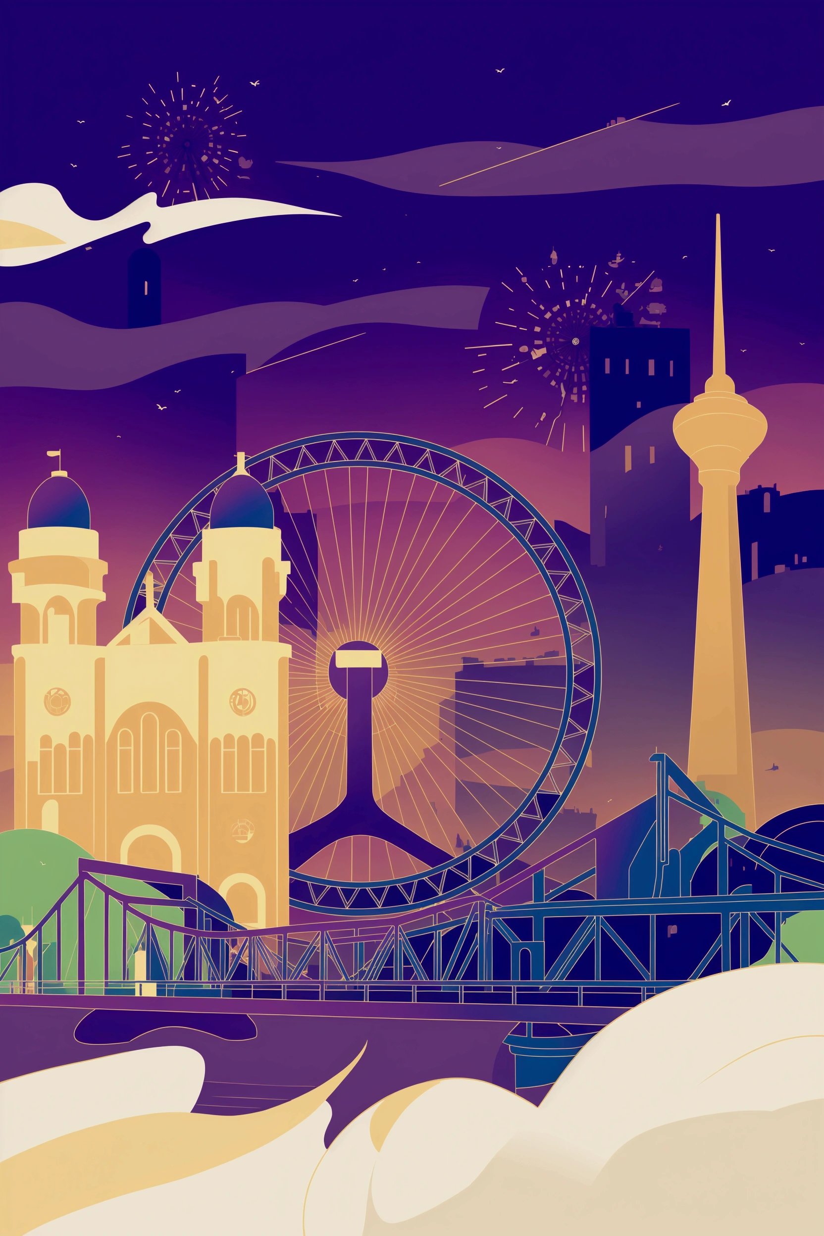 Illustration of a city with a ferris wheel and a bridge, Inspired by James Girard, James Girard Artwork, Juster Battle, Stylized digital illustration, Short Photography, detailed 2d illustration, Flat illustration, A beautiful artistic illustration, James Girard&#39;s Style, Digital illustration style, More detailed illustrations, Detailed digital illustrations