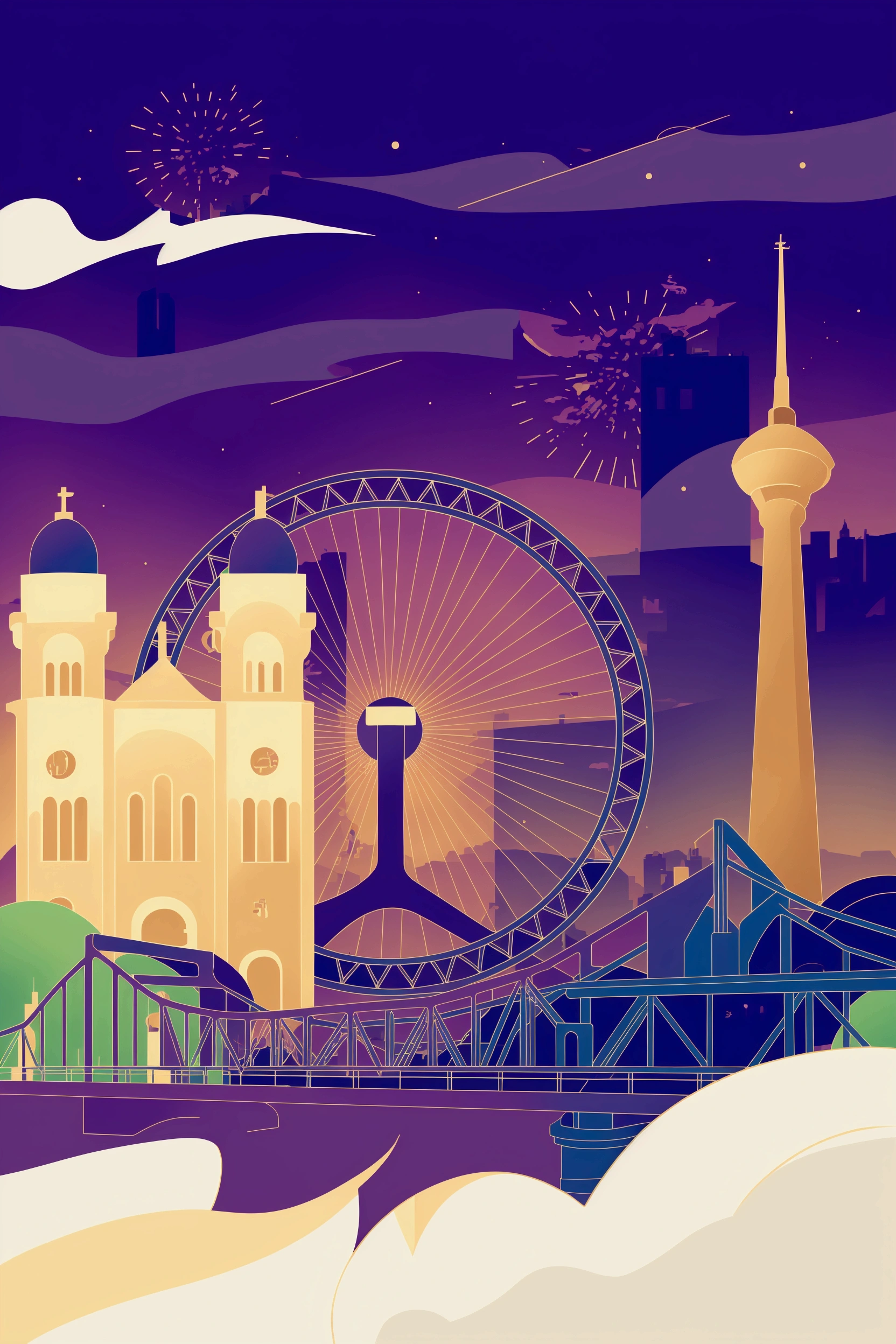 Illustration of a city with a ferris wheel and a bridge, Inspired by James Girard, James Girard Artwork, Juster Battle, Stylized digital illustration, Short Photography, detailed 2d illustration, Flat illustration, A beautiful artistic illustration, James Girard&#39;s Style, Digital illustration style, More detailed illustrations, Detailed digital illustrations