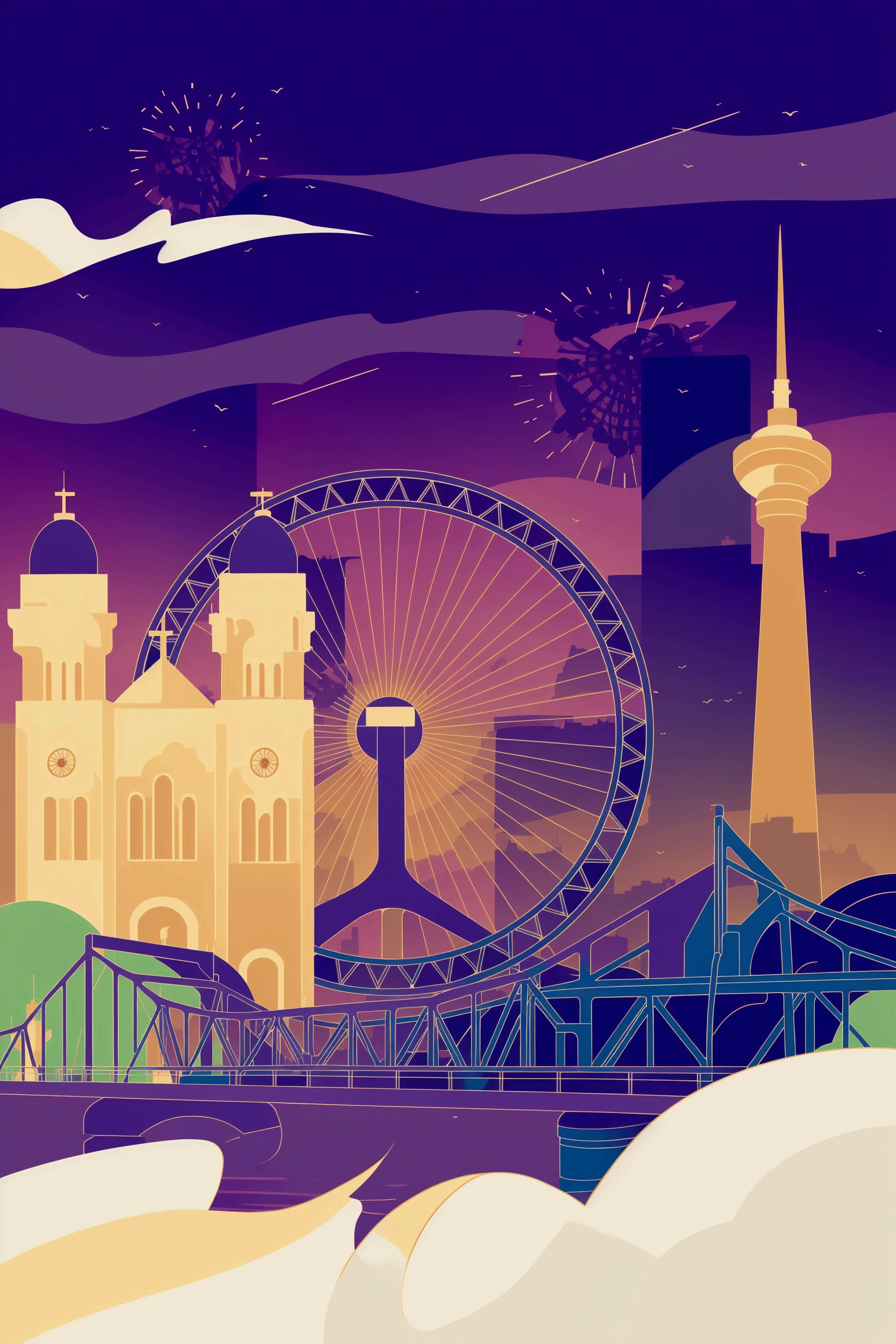 Illustration of a city with a ferris wheel and a bridge, Inspired by James Girard, James Girard Artwork, Juster Battle, Stylized digital illustration, Short Photography, detailed 2d illustration, Flat illustration, A beautiful artistic illustration, James Girard's Style, Digital illustration style, More detailed illustrations, Detailed digital illustrations
