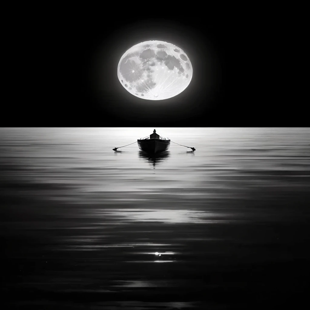An Arav boat is floating in the water,In the background is a full moon, 漂浮在夜晚的moonlight下, moonlight, The moon is reflected in the water, white moon and black background, Big moon on the water, Reflection of the moon, Great photos, The moon reflected in the water, Very beautiful photos, Moonlit night dreamy atmosphere, Popular photos
