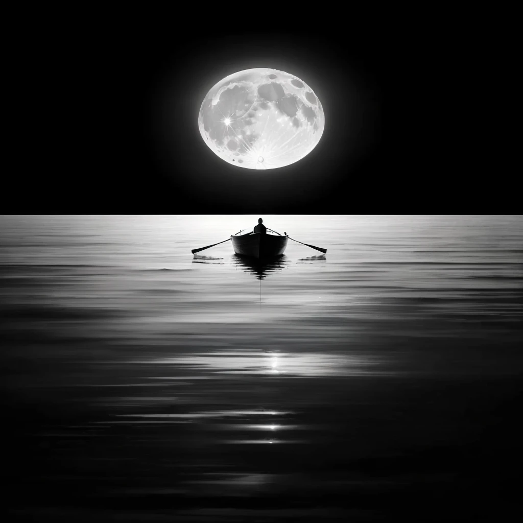 An Arav boat is floating in the water,In the background is a full moon, 漂浮在夜晚的moonlight下, moonlight, The moon is reflected in the water, white moon and black background, Big moon on the water, Reflection of the moon, Great photos, The moon reflected in the water, Very beautiful photos, Moonlit night dreamy atmosphere, Popular photos