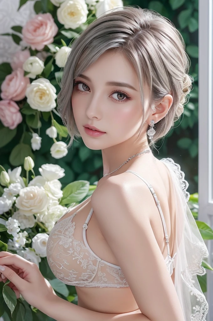 silver lace thong bra, (((Very elegant and beautiful, Perfect detail, Very detailed))), whole body, The most detailed girl, Written boundary depth, 美しく詳細なwhole body, Thin legs, 1 Girl, 30 years old, Very short hair, Spiked Hair, Gray and silver hair, Beautiful detailed hair, Perfect Face, Expressionless, Beautiful, detailed, deep eyes, Please open your mouth a little, Delicate arms and hands, Pale skin, Earrings, Beautiful and gorgeous necklace, Colorful background, HD background, Blurred Background, Very delicate and beautiful, masterpiece, (((Highest quality, Very beautiful 8K CG wallpaper))), (((Trendy hairstyles))), (Inside the room,Stylish interior,window),