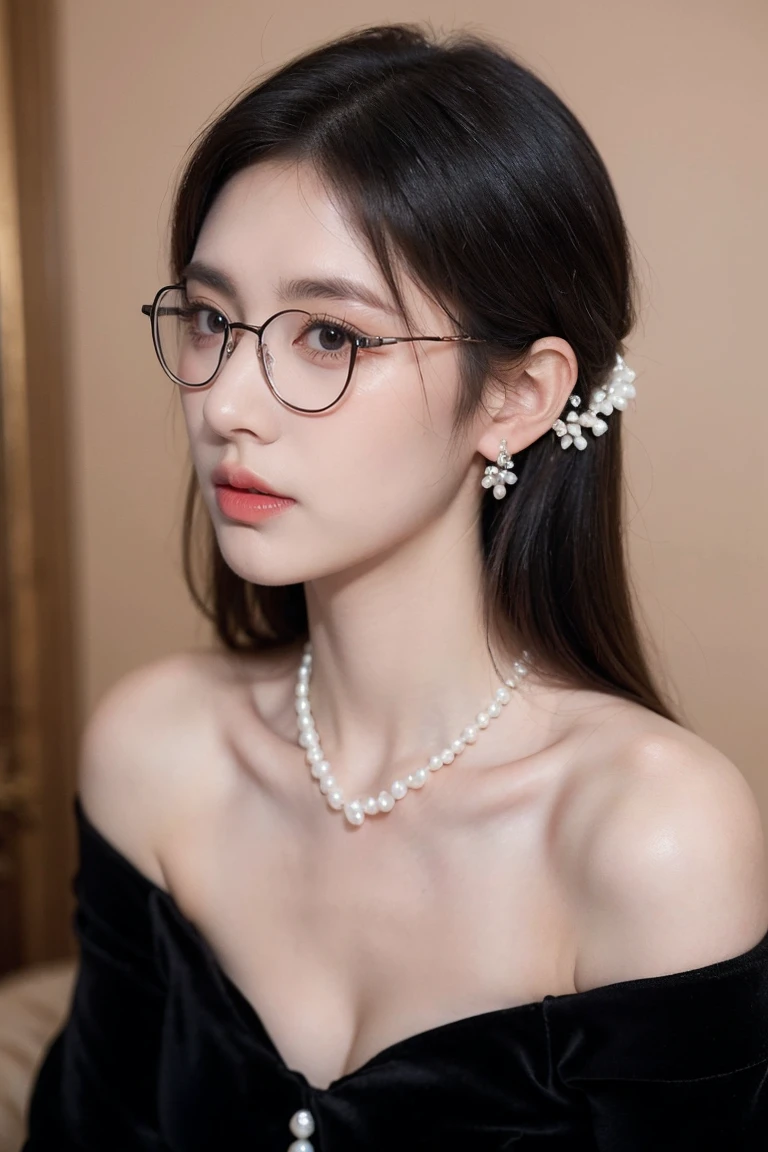 beautiful woman looking down at her phone, closeup side profile of woman's face, woman in black dress with off-the-shoulder sleeves, pearl earrings and necklace, wearing glasses, intense and longing gaze, high-quality realistic portrait photograph, natural skin tones, soft lighting, shallow depth of field, photorealistic, 8k, hyper-detailed, intricate details