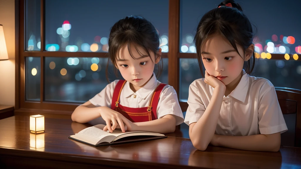 First-class quality,8K resolution,masterpiece,Fresh,Close-up shot,Chinese bows her head to read a book,Sitting at the table,Fashion suspender top,Fair skin,Bright colors,Summer Night,The background is a window,Night view outside the window