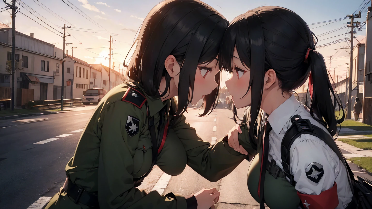  Gestapo uniform, female lesbian  kawaii sisters kissing passionately with T-54 military tank. wearing Luftwaffe uniforms. 8k. masterpiece. best quality. best artwork. lingerie. Swastika insignia red armband. bare breasts. sunset