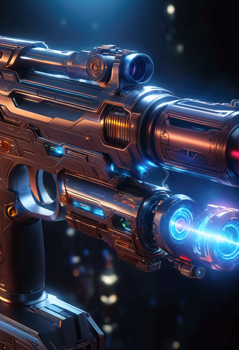a highly detailed and futuristic laser gun, hyperrealistic, intricate machinery, glowing energy core, complex circuits and wiring, sleek metallic body, advanced technology, cinematic lighting, dramatic shadows, intense color scheme, sci-fi, photorealistic, 8K, best quality, masterpiece