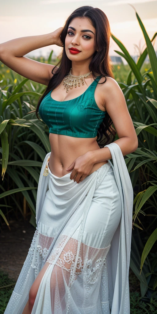 Pornstar Kajal wear Indian dress, cum in face, cum on hair, cum on cloth,inside sugarcane field, evening sky, bossy sassy photoshoot, (wearing expensive sleeveless choli, long skirt),(red lipstick, sexy bright face), (intricate detailing of face eyes nose mouth full lips & body parts), textured skin, smile:0.6, eyes symmetry, face symmetry, 256K, HDR, hyper realistic, intricate detailing, yotta-pixel image, yocto-pixel detailing, super realistic,4k, HDR, detailed image, DSL camera photo 