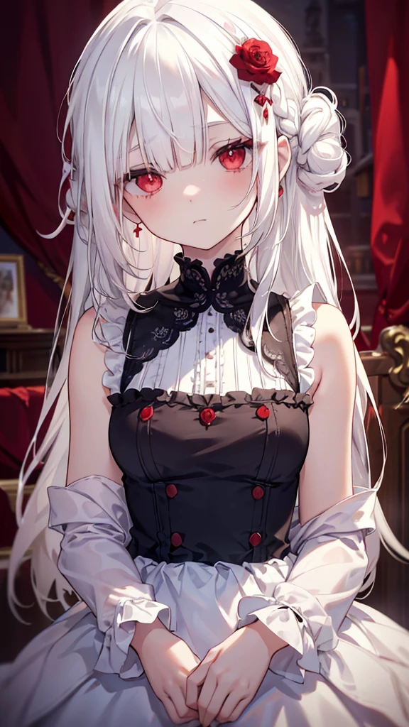 (limited palette), best quality, (((masterpiece))), (((beautiful detailed hair))), (((beautiful detailed skin))), solo, little girl, younger, loli, (((white hair))), red eyes, (mascara), blunt bangs, ((hair over eyes)), long hair, medium breasts, frilled white dress, white frills, too many frills, rose, noble, loyal, brides hair head, (((eye focus))), (((expressionless))), blurry background, empty eyes, blank eyes, (red theme), bedroom background, looking at viewer, (((hair tucking))), (((night))), half-closed eyes, close-up, (((hair ornament))), upright body, Neatly cut bangs, braided hair behind head, sleeveless dress,