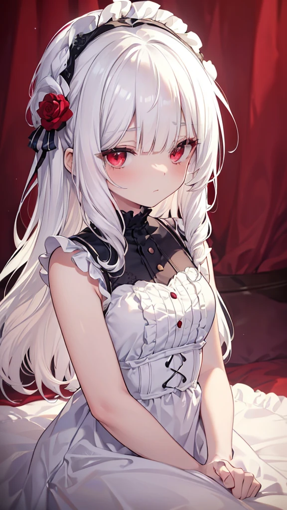 (limited palette), best quality, (((masterpiece))), (((beautiful detailed hair))), (((beautiful detailed skin))), solo, little girl, younger, loli, (((white hair))), red eyes, (mascara), blunt bangs, ((hair over eyes)), long hair, medium breasts, frilled white dress, white frills, too many frills, rose, noble, loyal, brides hair head, (((eye focus))), (((expressionless))), blurry background, empty eyes, blank eyes, (red theme), bedroom background, looking at viewer, (((hair tucking))), (((night))), half-closed eyes, close-up, (((hair ornament))), upright body, Neatly cut bangs, braided hair behind head, sleeveless dress,