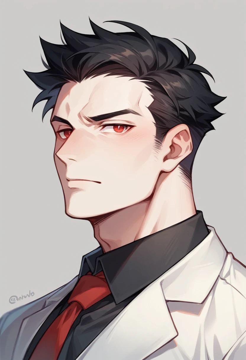 A man with black hair that flows down his back, red eyes, and pale skin. He is dressed in a suit and tie.