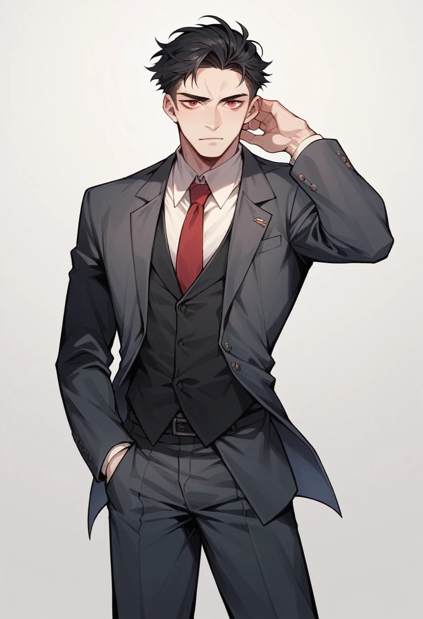 A man with black hair that flows down his back, red eyes, and pale skin. He is dressed in a suit and tie. 