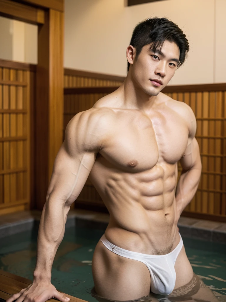 1boy, young handsome vietnamese boy with bodybuilder physique, (slim:1.4), huge muscles, muscular!!!, exaggerated musculatures, exaggerated muscular physique, wide shoulders, wearing sexy white wet micro thongs, huge bulges, sexy, smirking, confident, mischievous, cute, sexy white hair, puffy nipples, glistening skin, detailed hands, standing and relaxing, in an onsen hot spring, masterpiece, best quality, highres, absurdres, bulgeJ8, realistic