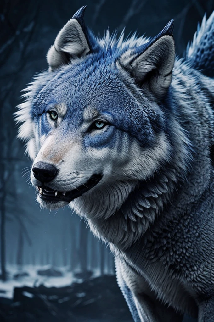 Blue wolf bites gray dragon's neck