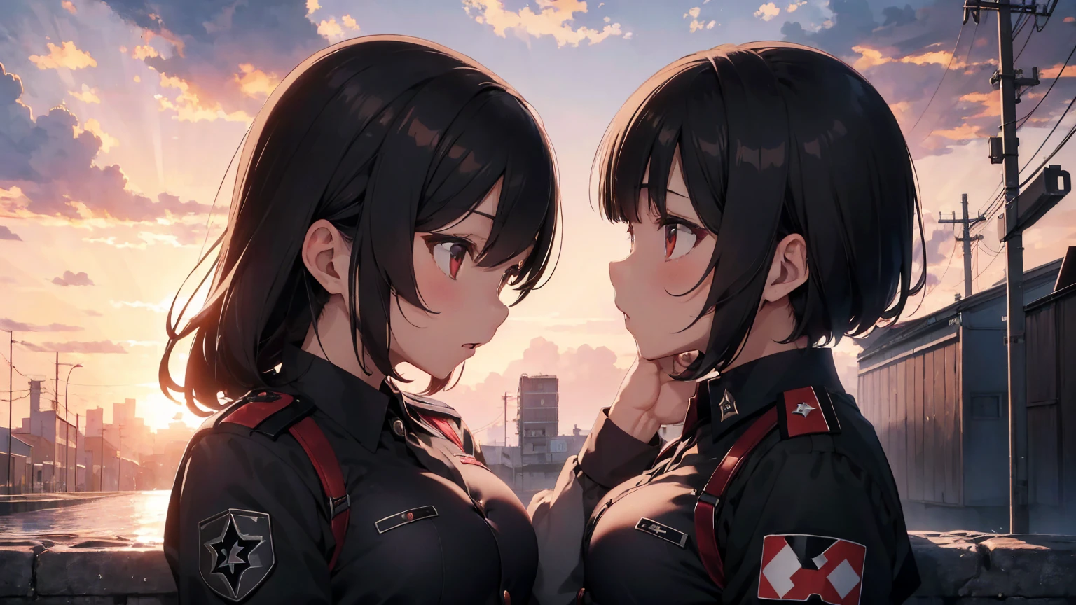 Gestapo uniform, female lesbian kawaii sisters kissing passionately with T-54 military tank. wearing Luftwaffe uniforms. 8k. masterpiece. best quality. best artwork. lingerie. Swastika insignia red armband. bare breasts. sunset. rain