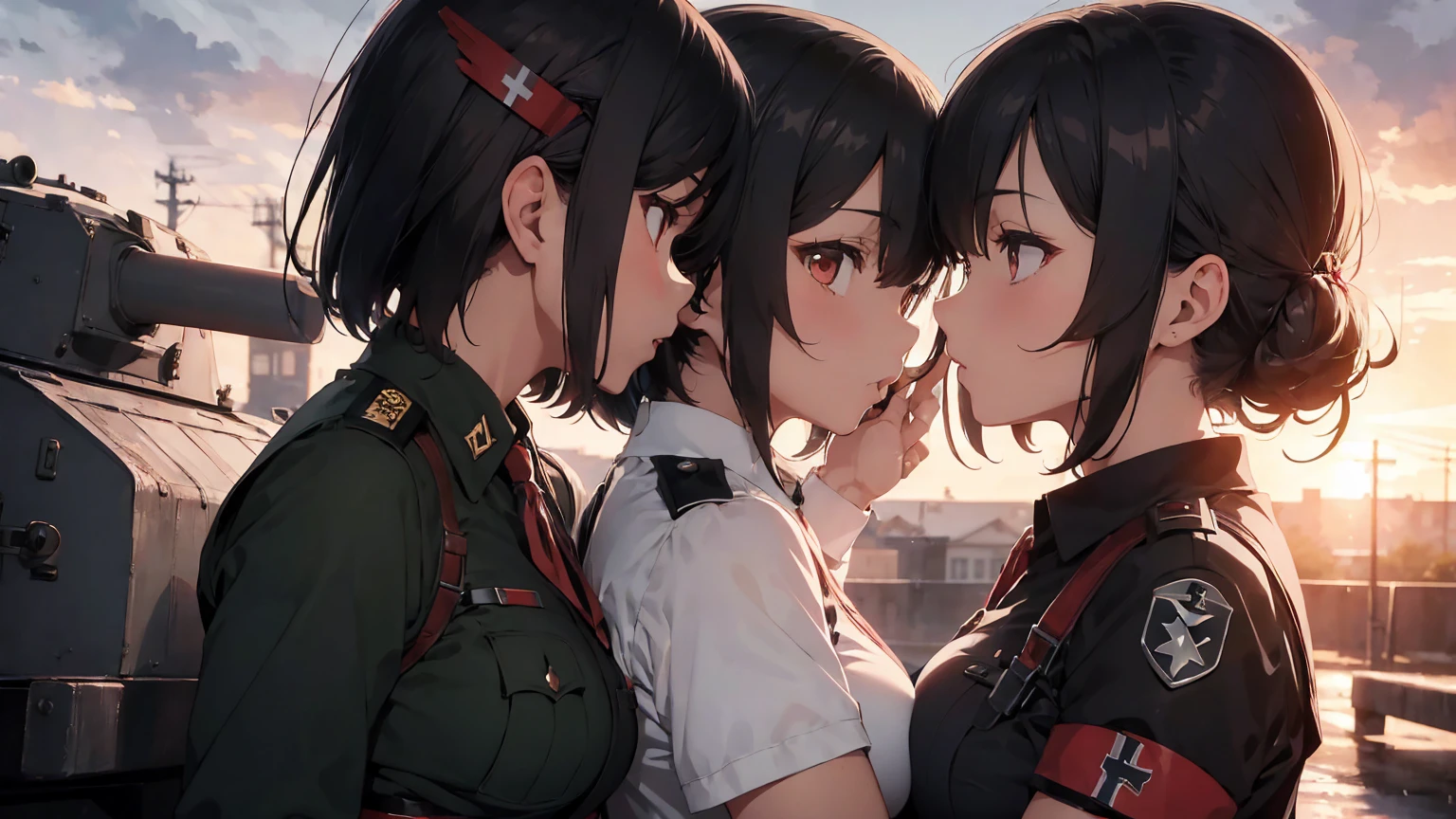   Gestapo uniform, female lesbian  kawaii sisters kissing passionately with T-54 military tank. wearing Luftwaffe uniforms. 8k. masterpiece. best quality. best artwork. lingerie. Swastika insignia red armband. bare breasts. sunset. rain