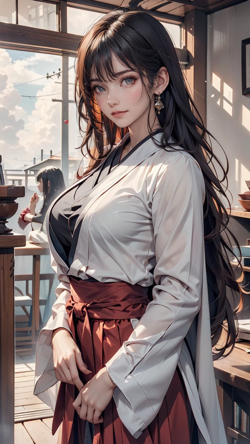 masterpiece, Highest quality, eyeliner, eye shadow, View your viewers, Curvy, (Full Body Shot) of (Dorino Bodies d15:0.8) wear (パーティー用of服:1.2), 1人of女of子, alone, Long Hair, soft breasts, Grin, No sleeve, bangs, blush, 衣服of切り抜き, Long Hair, Glowing Skin, 広場of屋外席, Cloudy, Upper Body, Very detailed, figure, 