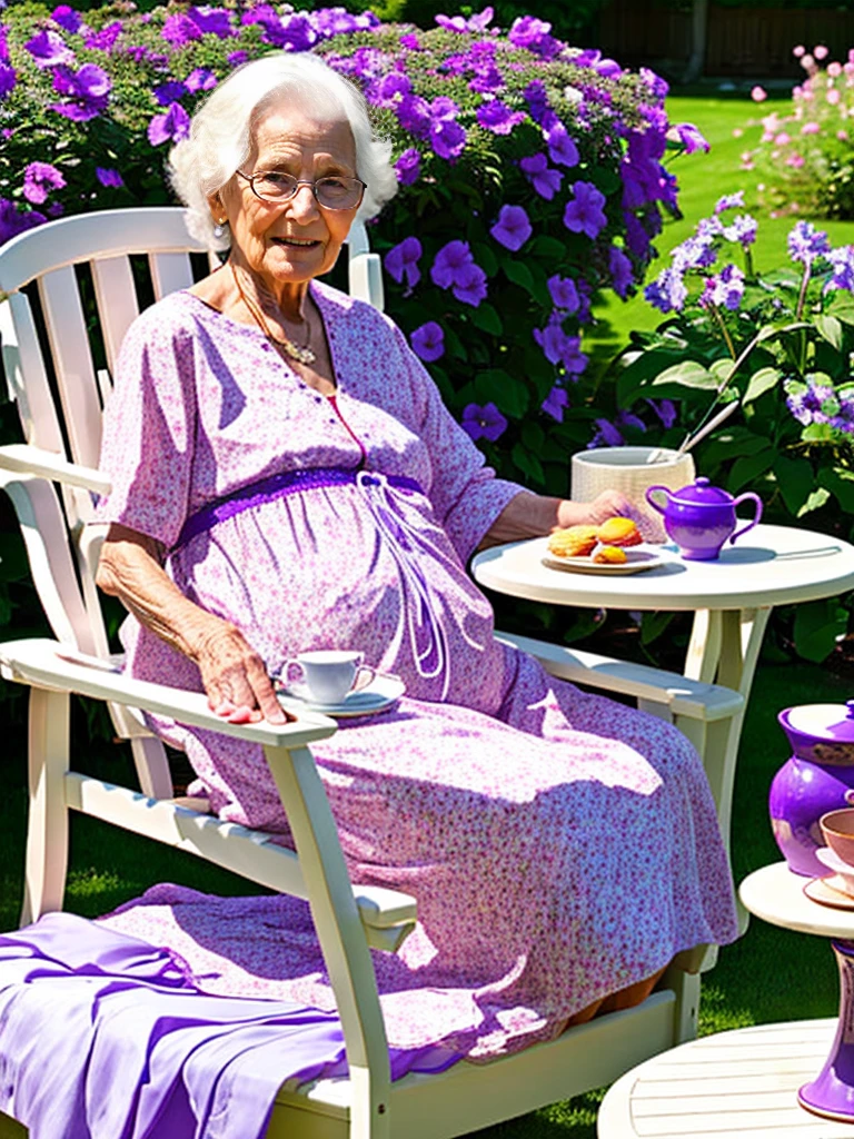 80 year old old woman,sonrriente,with sleeping gown, sitting in a lounge chair in a large garden with a small table on which there is breakfast, a vase with violets, in a dawn atmosphere