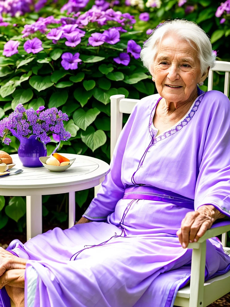 80 year old old woman,sonrriente,with sleeping gown, sitting in a lounge chair in a large garden with a small table on which there is breakfast, a vase with violets, in a dawn atmosphere