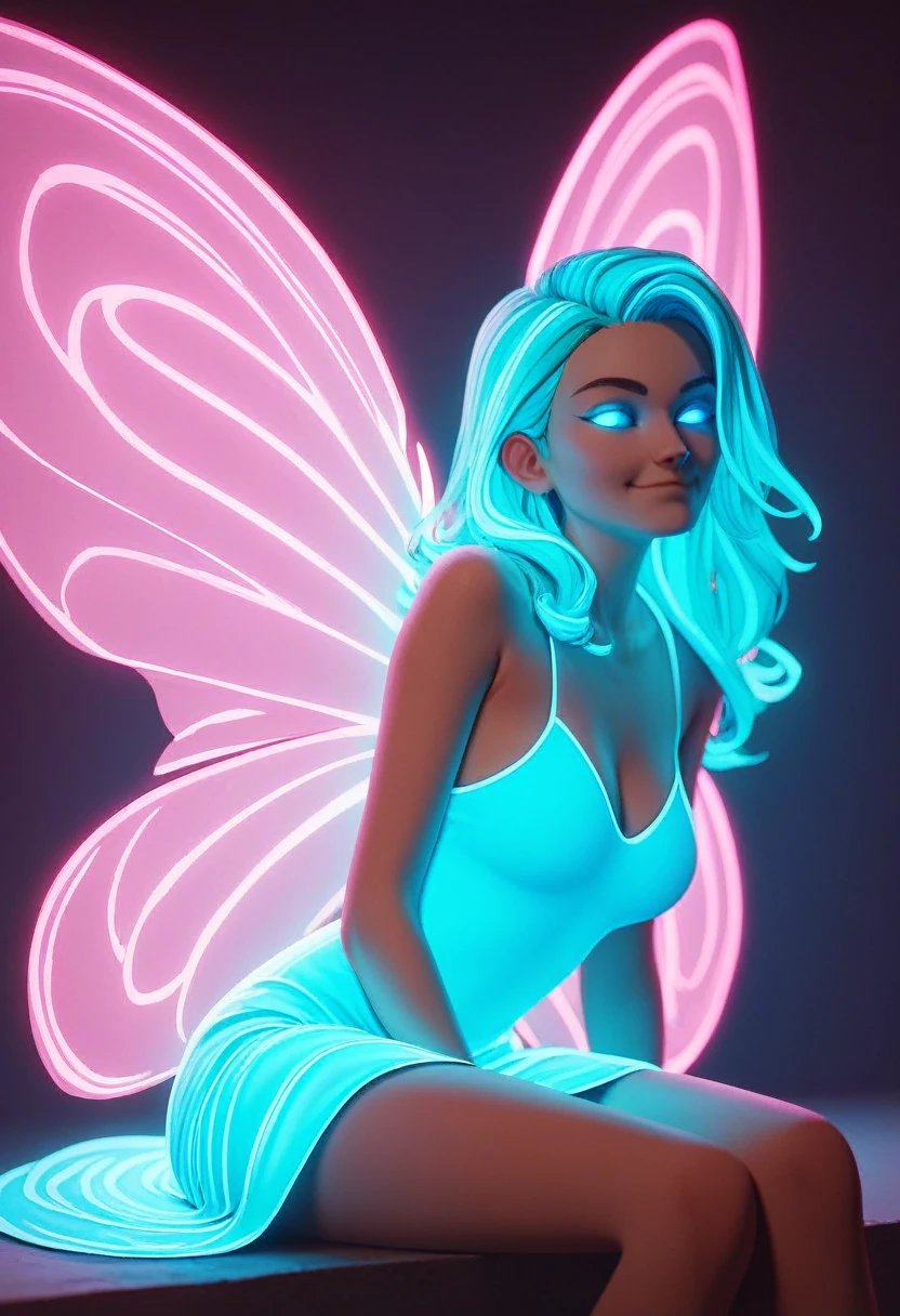 score_9_up, score_8_up, score_7_up, source_cartoon, night sky, pixie, glowing-neon-butterfly-wings, ((glowing-neon-dress)), glowing-neon-hair, 1girl, glowing-eyes, devious smile, sitting seductively, flirting