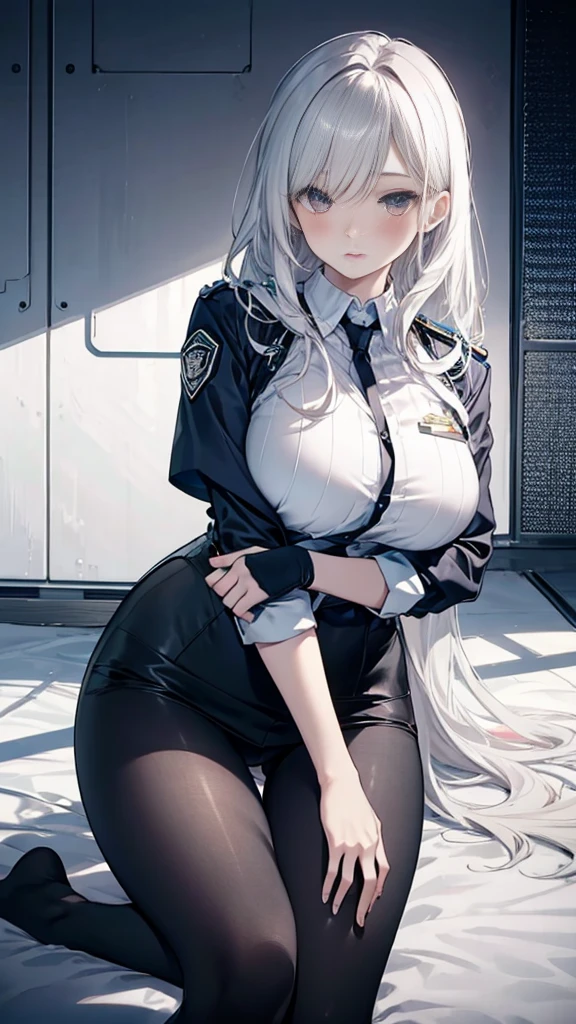 1 Girl:1.3), Solitary, __body parts__ Delicate and realistic skin, Pale skin, Large target, Official Art, Unity 16K Wallpaper, Ultra Detailed, beauty, masterpiece, best quality, Awesome atmosphere, Calming color palette, A calm mood, Soft shadows, Airline stewardess, charm,((Large Breasts)),Black tights,Police Uniform,((Black leggings)),sweater,blush,liquid,cute,Tights