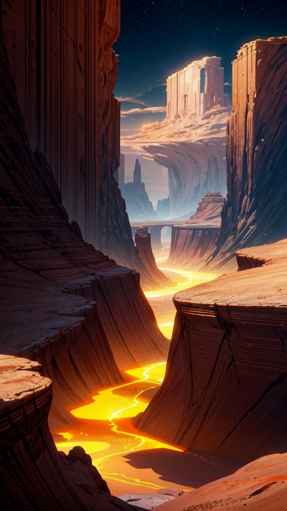 Quiet desert, Bioluminescent veins run through the desert plains, Flat desert, Red and Gold color scheme only, Red and Gold colors only, Red and Gold, From the abyss, Stormlight Archives, Studio Ghibli, Animation main visual, 8k resolution concept art, Natural Lighting, Beautiful composition。