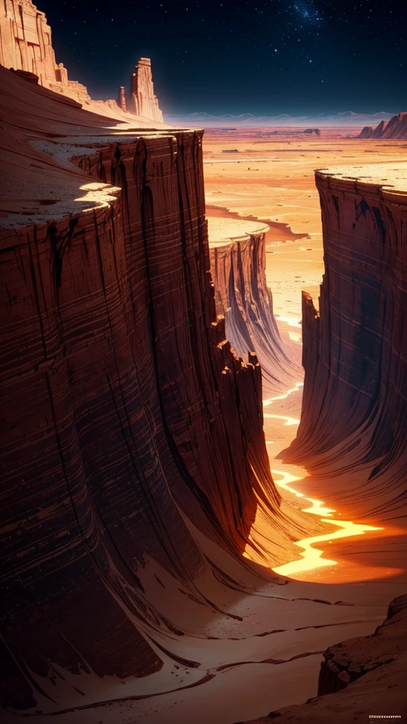 Quiet desert, Bioluminescent veins run through the desert plains, Flat desert, Red and Gold color scheme only, Red and Gold colors only, Red and Gold, From the abyss, Stormlight Archives, Studio Ghibli, Animation main visual, 8k resolution concept art, Natural Lighting, Beautiful composition。