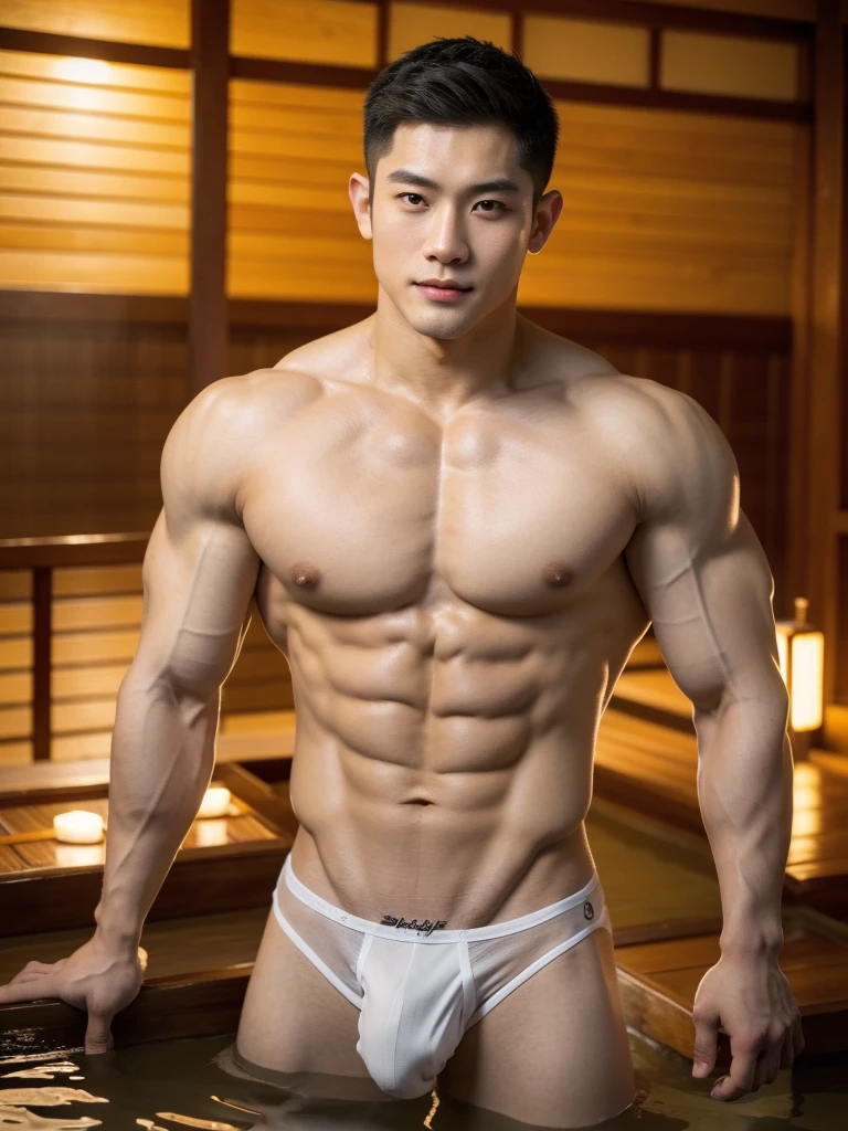 1boy, young handsome vietnamese boy with bodybuilder physique, (slim:1.4), huge muscles, muscular!!!, exaggerated musculatures, exaggerated muscular physique, wide shoulders, wearing sexy white wet micro thongs, huge bulges, sexy, smirking, confident, mischievous, cute, sexy grey hair, puffy nipples, glistening skin, detailed hands, standing and relaxing, in an onsen hot spring, masterpiece, best quality, highres, absurdres, bulgeJ8, realistic