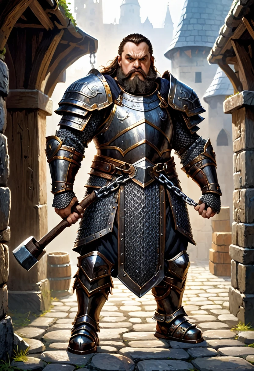 dwarf with heavy chain armor. he is holding a hammer. he is standing in a wrought.