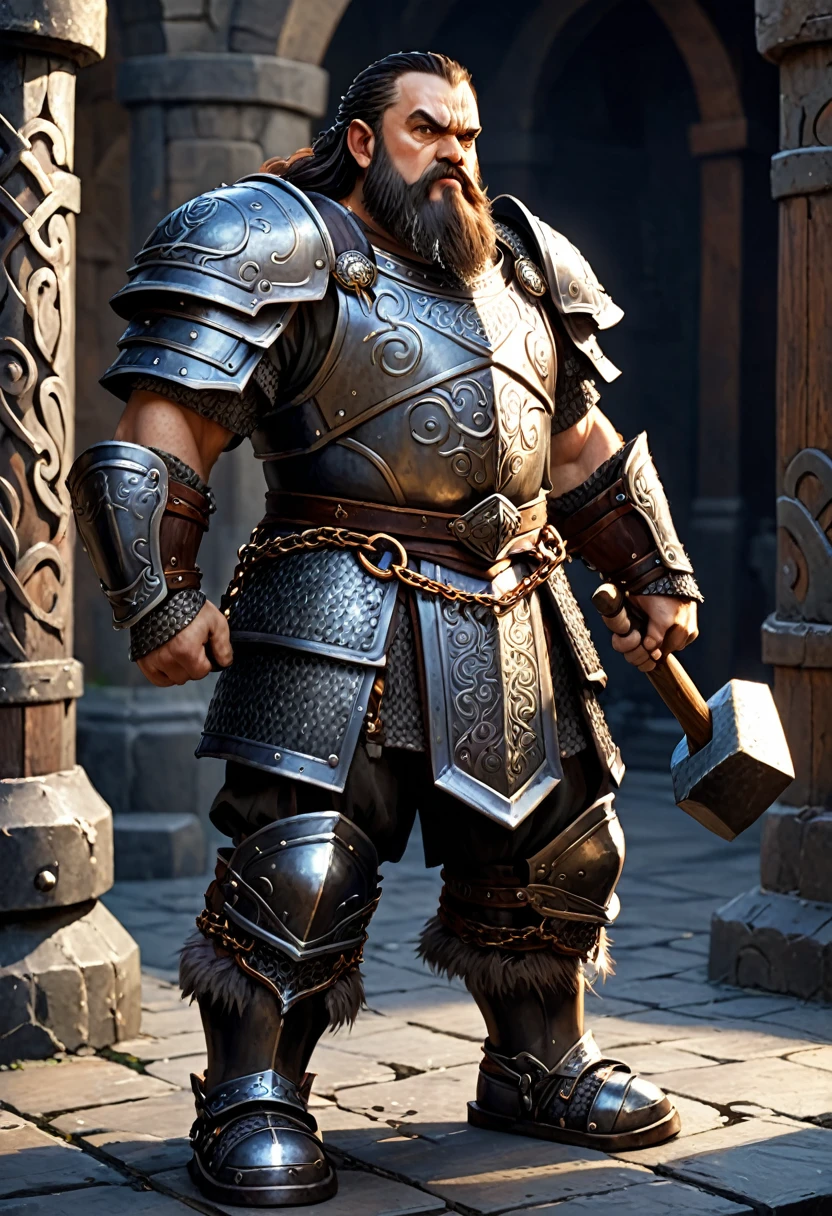 dwarf with heavy chain armor. he is holding a hammer. he is standing in a wrought.