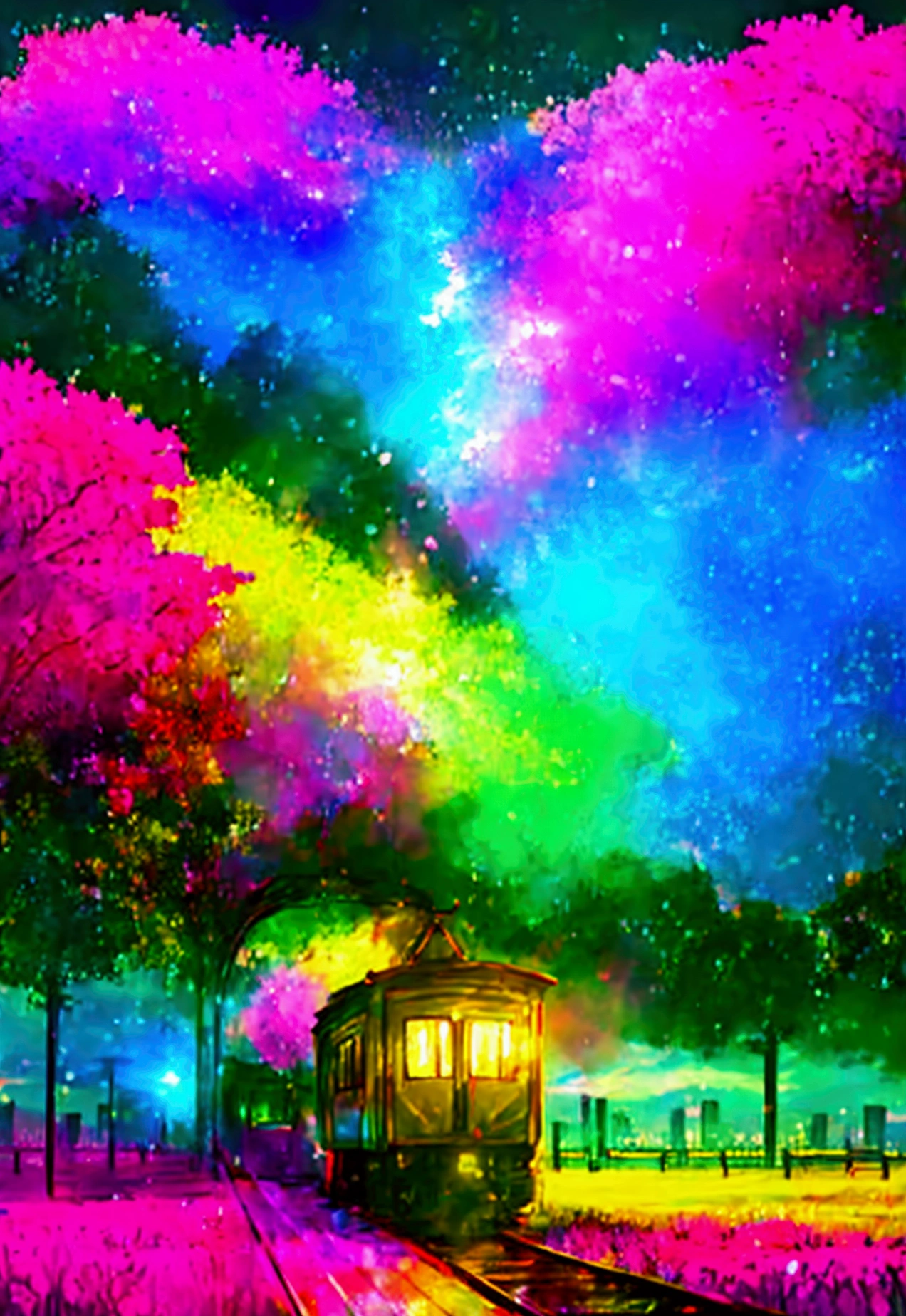 A linear motor car running on rainbow-colored tracks,colorful,beautiful flower,wonderful景色,Utopia,An atmosphere full of dreams and hope,masterpiece.16K, Ultra-high resolution, Ultra-high resolution, to be born,wonderful ,future、Iridescent、The world 30 years from now。