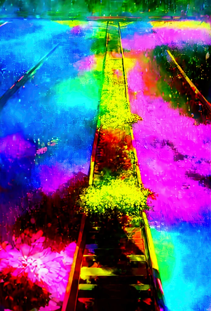 A linear motor car running on rainbow-colored tracks，colorful，beautiful flower，wonderful景色，Utopia，An atmosphere full of dreams and hope，masterpiece．16K, Ultra-high resolution, Ultra-high resolution, to be born,wonderful ,future、Iridescent、The world 30 years from now。