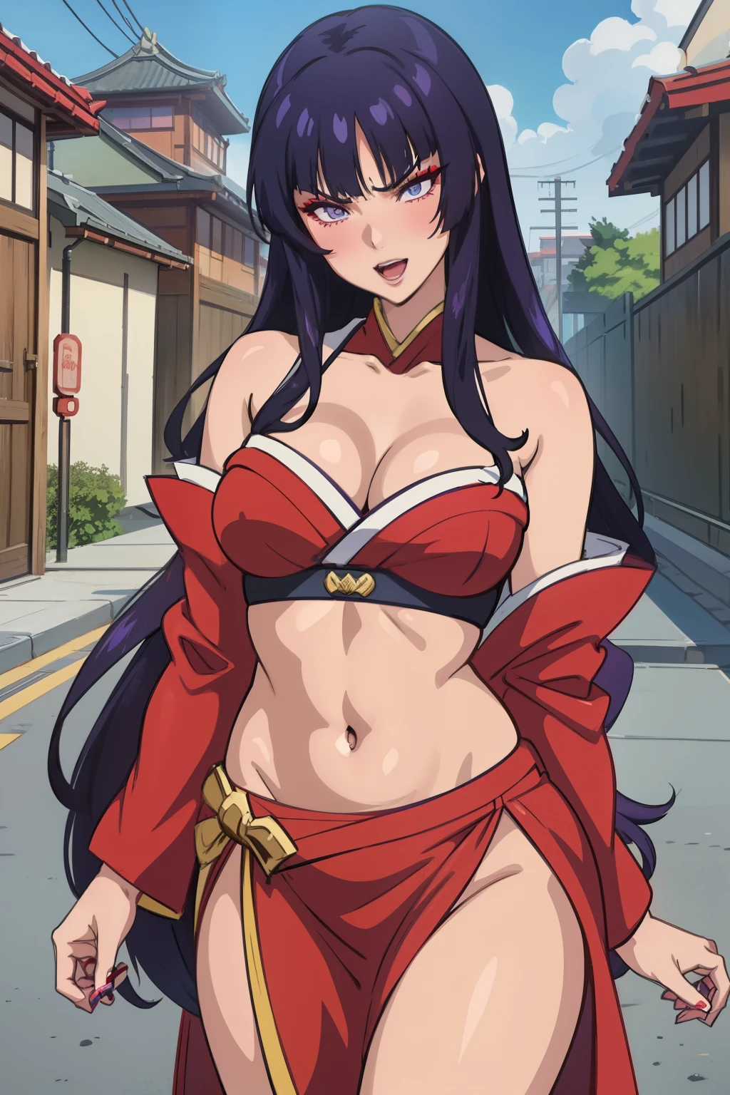 aaoriana, long hair,  large breasts, black hair, long hair, blush, lipstick, jewelry, earrings, Hot girl, baddie, mean girl, sensual, attractive, masterpiece, best quality, highly detailed, a anime girl in kimono dress ,holding sword, bare
shoulder,open kimono, evil smile, open mouth, crop top , (nsfw) not safe for work, smile, ecchi anime
style, anime girls, ecchi style, ecchi, digital anime art!!, in anime style, official artwork, visual novel cg,
beautiful anime girl, anime style 4 k, kimono pencil skirt, exposed belly, exposed navel,
exposed midriff, exposed lower belly, outdoor, japanese architecture, temple