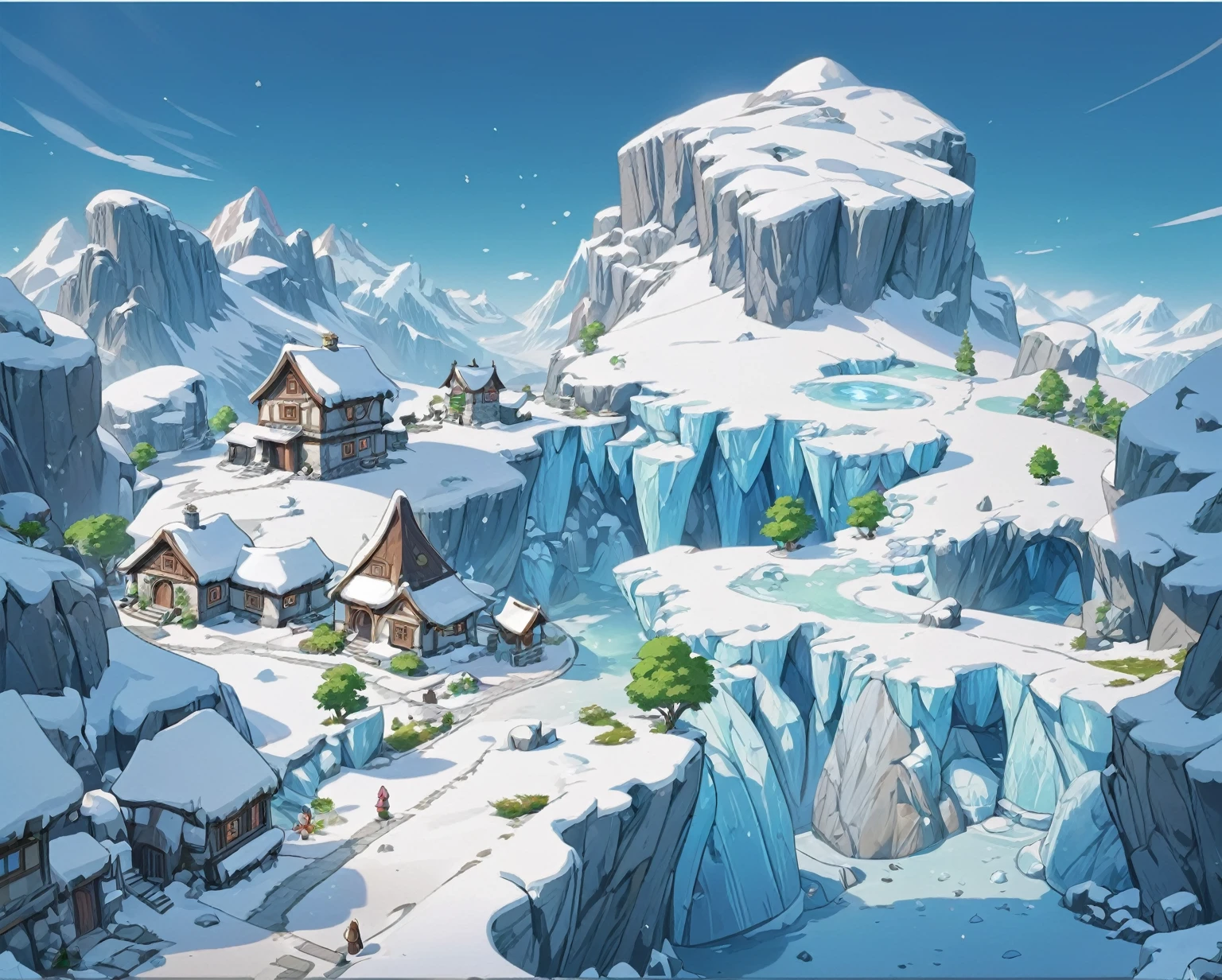 传奇皮肤“glacier,Snowfield,Snow White,glacier,Stone,Cave,Stone houses,glacier雪原场景,Green Plants,Cartoon Style,Game big scene,Look down at the scene