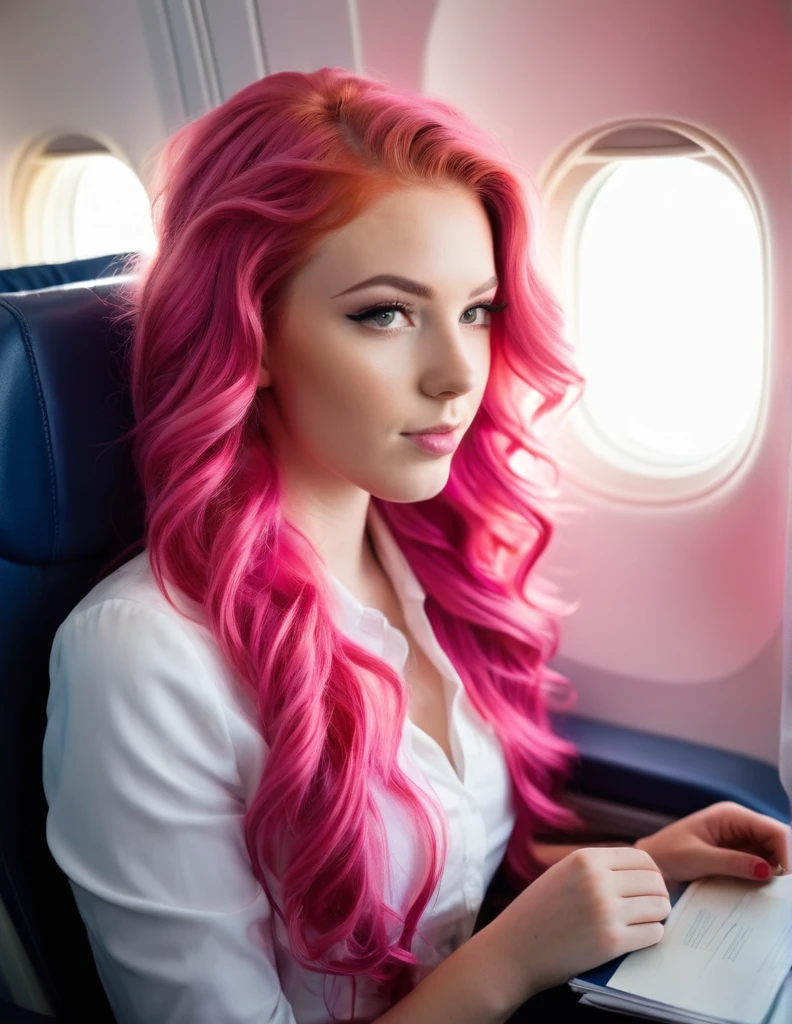 Very attractive 25 year old caucasian female with long wavy bright pink hair,sitting in first class on a plane, next to the window, photo quality
