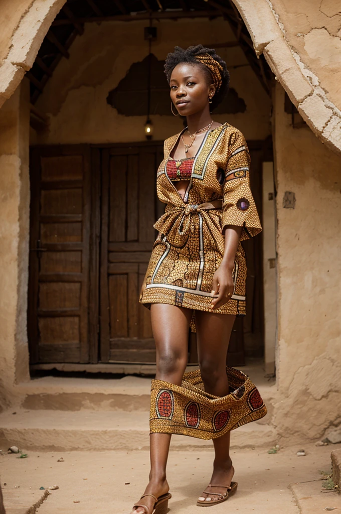 Generate an African woman with traditional African cloths, passing in front of fantastic architecture in Africa