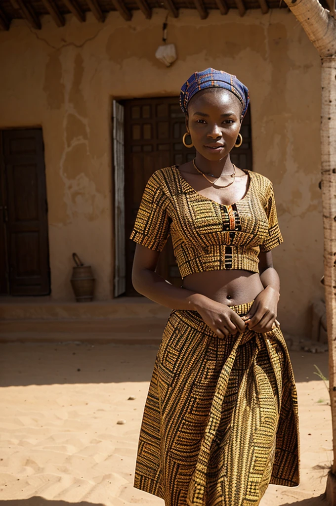 Generate an African woman with traditional African cloths, passing in front of fantastic architecture in Africa