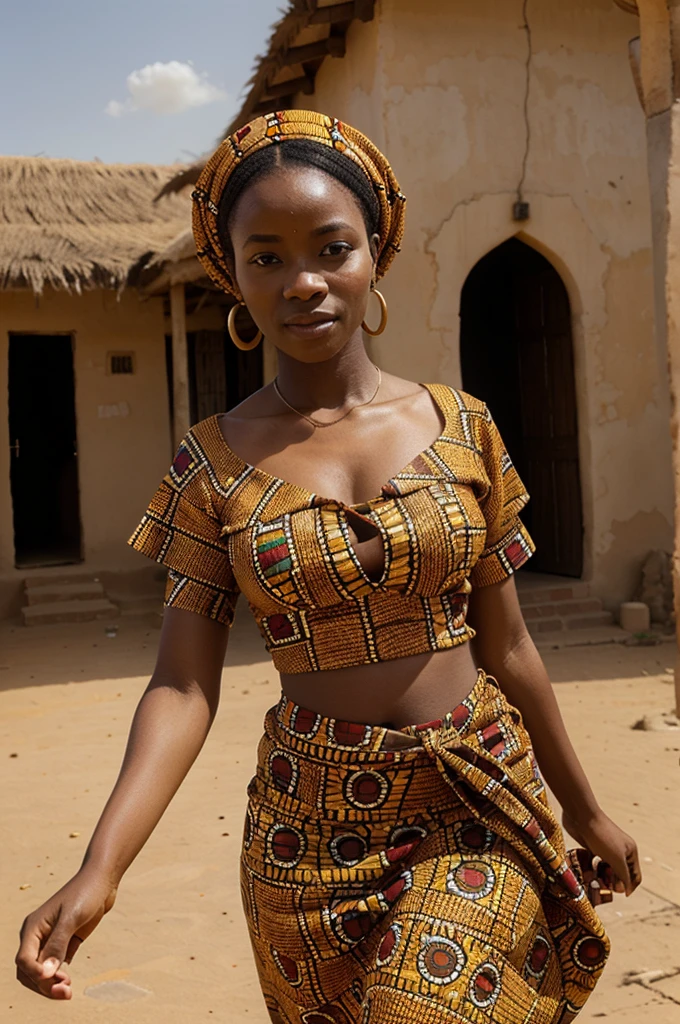 Generate an African woman with traditional African cloths, passing in front of fantastic architecture in Africa