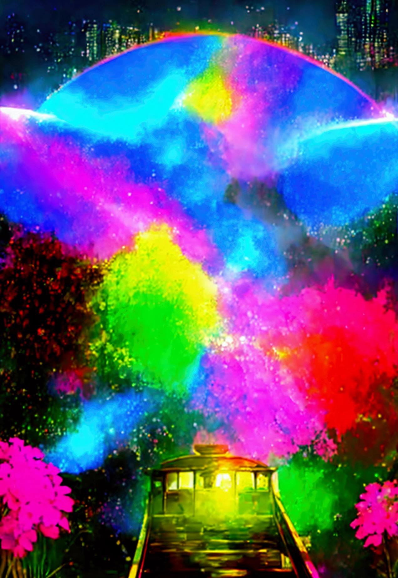 A linear motor car running on rainbow-colored tracks，colorful，beautiful flower，wonderful景色，Utopia，An atmosphere full of dreams and hope，masterpiece．16K, Ultra-high resolution, Ultra-high resolution, to be born,wonderful ,future、Iridescent、The world 30 years from now。