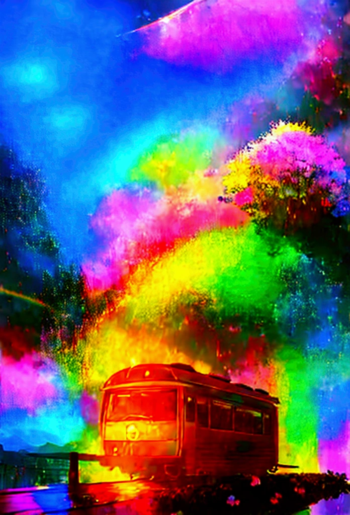 A linear motor car running on rainbow-colored tracks,colorful,beautiful flower,wonderful景色,Utopia,An atmosphere full of dreams and hope,masterpiece.16K, Ultra-high resolution, Ultra-high resolution, to be born,wonderful ,future、Iridescent、The world 30 years from now。