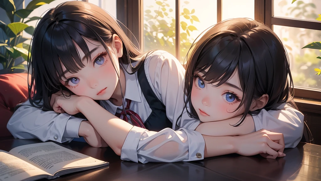First-class quality，8K resolution，masterpiece，Fresh，Close-up shot，Chinese little girl bows her head to read a book，Sitting at the table，Fashion suspender top，Fair skin，Bright colors，Summer Night，The background is a window，Night view outside the window