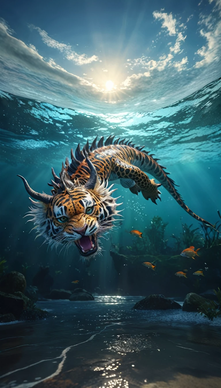 水中有一种Fantasy Creatures(best quality，4K，8k，High level，masterpiece：1.2），Ultra Detailed，（lifelike，Photo real，Photo real：1.37），Highly detailed animals，Complex patterns，Realistic lighting，Fantasy Creatures