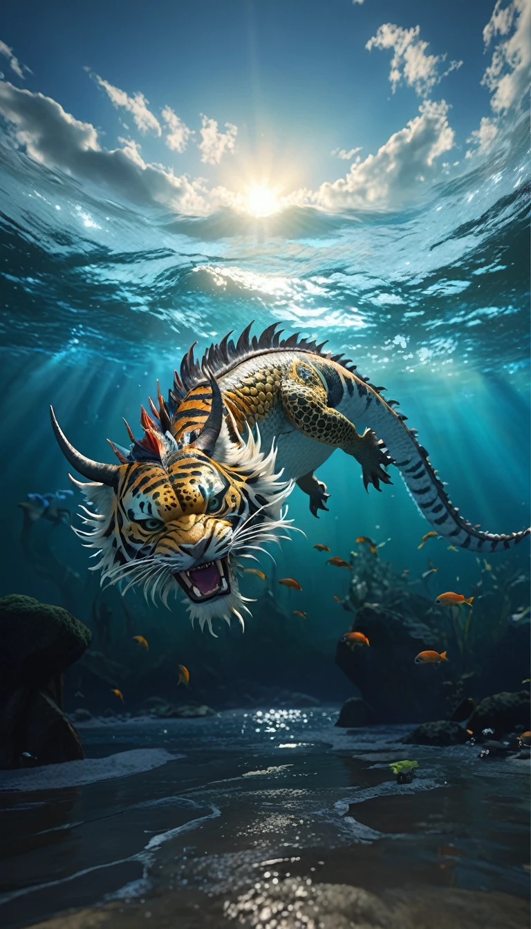 水中有一种Fantasy Creatures(best quality，4K，8k，High level，masterpiece：1.2），Ultra Detailed，（lifelike，Photo real，Photo real：1.37），Highly detailed animals，Complex patterns，Realistic lighting，Fantasy Creatures